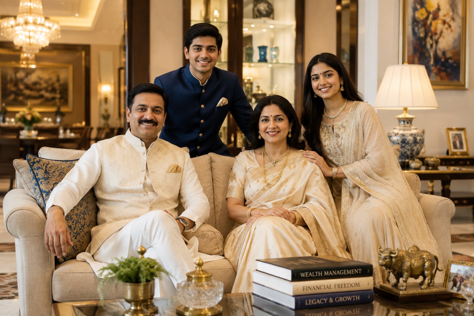 A family outside their new home, financed through Khasnis